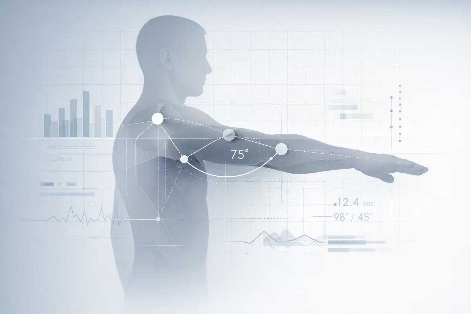 Biomechanical analysis visualization showing shoulder joint angle measurement with motion tracking data